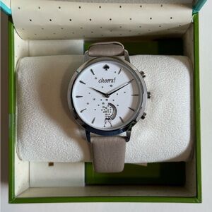 Kate Spade Cheers! Silver-Tone Watch with Taupe Leather Strap